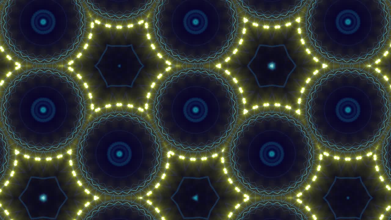 bucle sin fisuras de círculos concéntricos pulsantes psicodélicos azules y amarillos brillantes entrelazados y conectados en fractal hipnótico