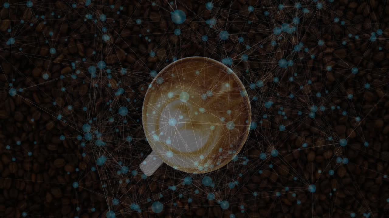 White coffee cup being visualized on dense roasted bean bed, featuring blue node network overlay