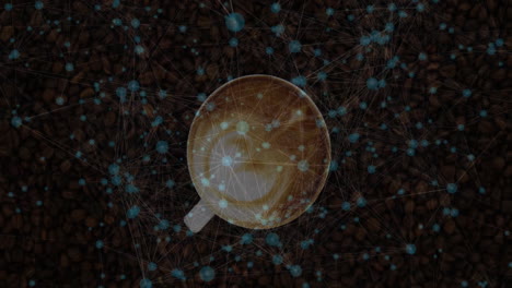 white coffee cup being visualized on dense roasted bean bed, featuring blue node network overlay