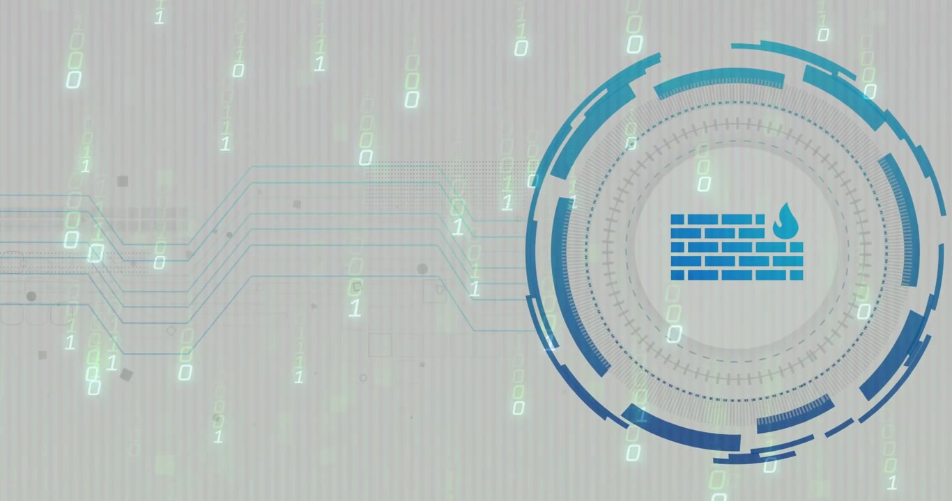 Blue HUD overlay being animated in UI with binary digits, circuit paths, firewall icon