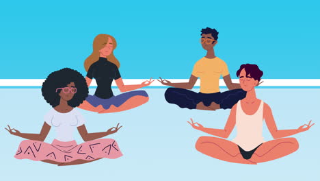 interracial young persons practicing yoga characters