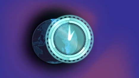 animación del escáner con la esfera del reloj sobre un globo azul brillante sobre un fondo púrpura oscuro