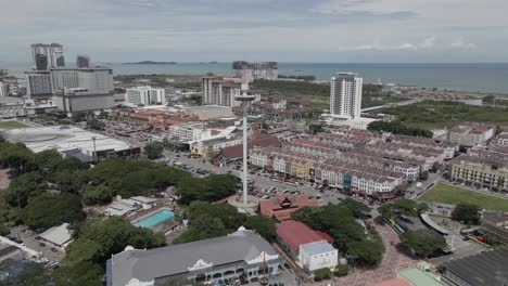 Malacca-Malaysia-aerial-toward-Taming-Sari-Tower-near-ocean-waterfront