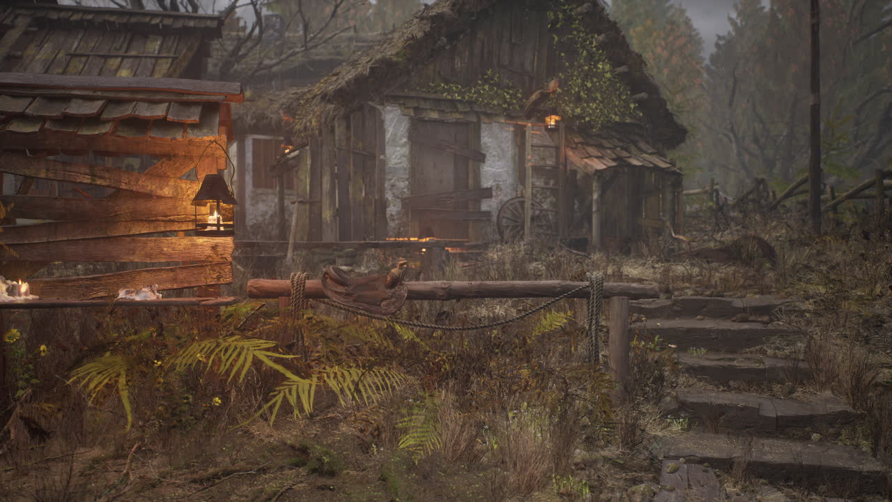 un viejo pueblo con casas en ruinas de madera