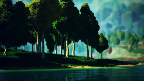 paisaje de bosque verde de dibujos animados con árboles y lago