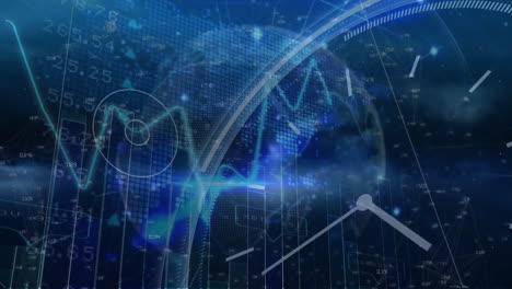 animation of financial data and clock overlay on digital blue background