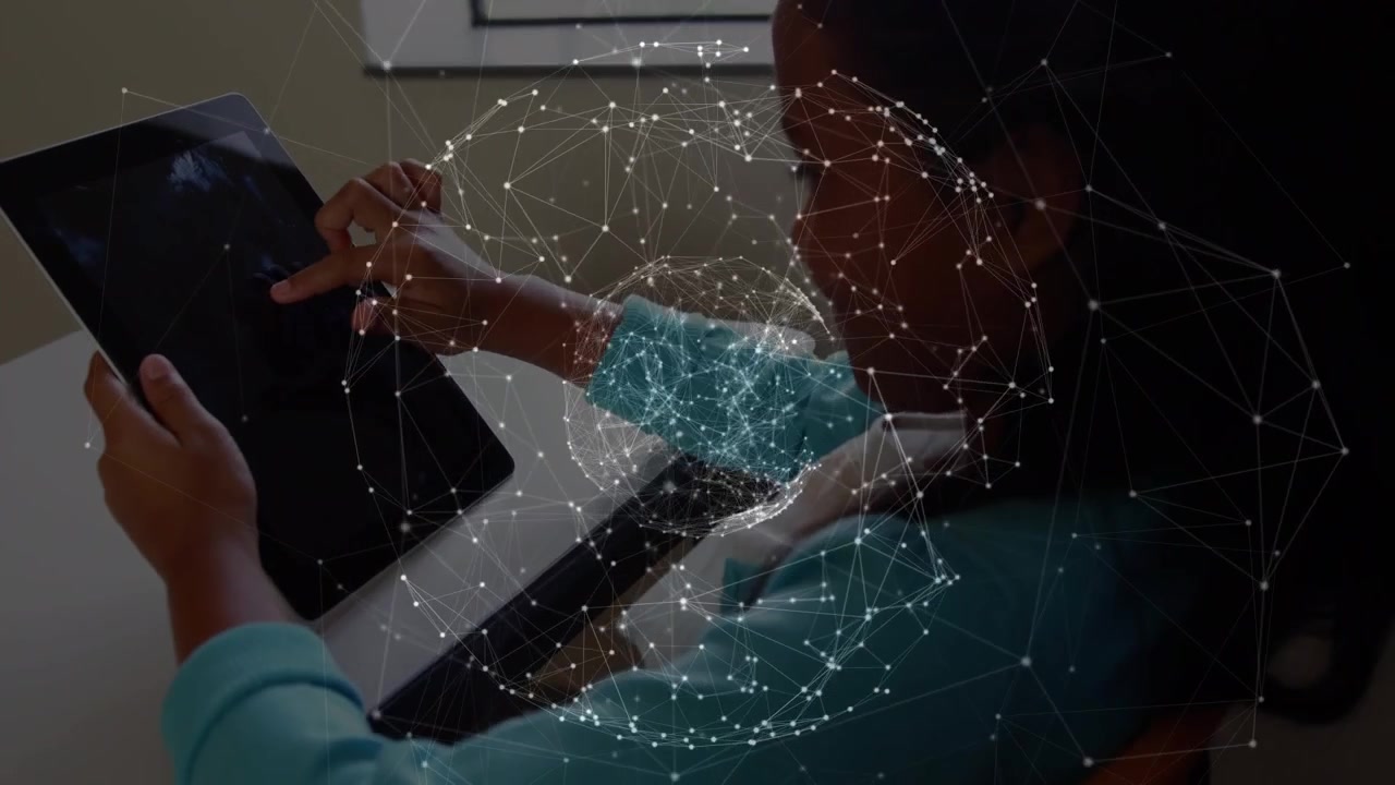Animation of network of connections over woman using vr headset