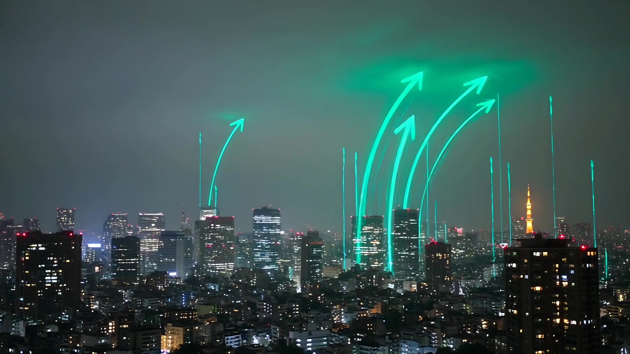 Animating teal light after rooftop arrow, tracing upward arcs over skyline at night, Tokyo Tower