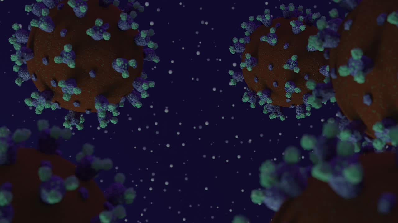 múltiples esporas microscópicas del nuevo coronavirus covid-19 renderizadas en 3d o esferas rojas, púrpuras y verdes con partículas de polvo ligero flotando en un fondo púrpura oscuro moviéndose a través de la pantalla