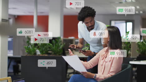Animation-of-changing-numbers,-icons-in-notification-bars,-diverse-coworkers-discussing-reports