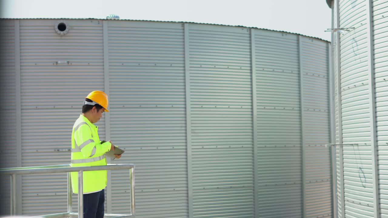 ingeniero que utiliza portátil examinar la construcción de tanques de agua chapa de acero para el almacenamiento de agua del grifo de la propiedad industrial. servicios públicos de la industria.