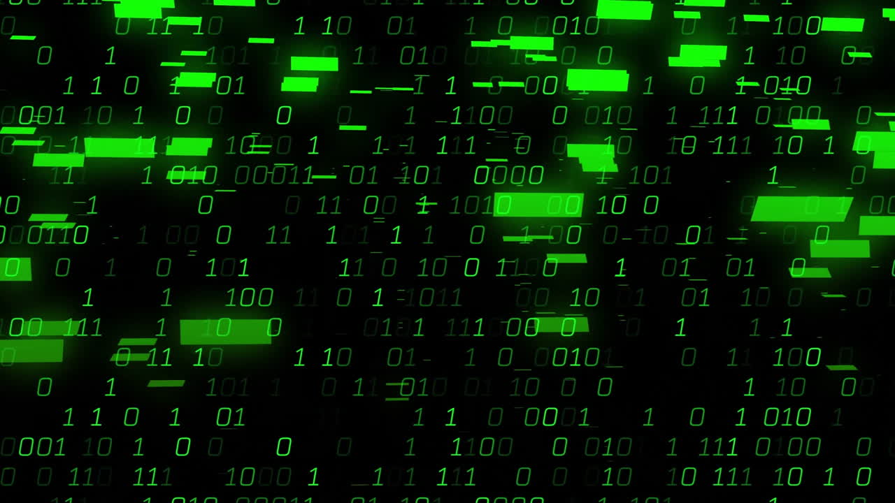 Binary code and data processing animation with green numbers on black background