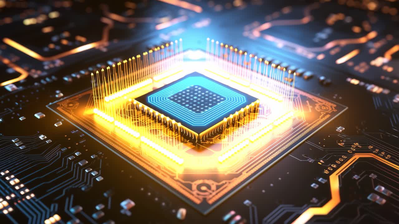 Futuristisk videokoncept af en glødende mikrochip på et printkort