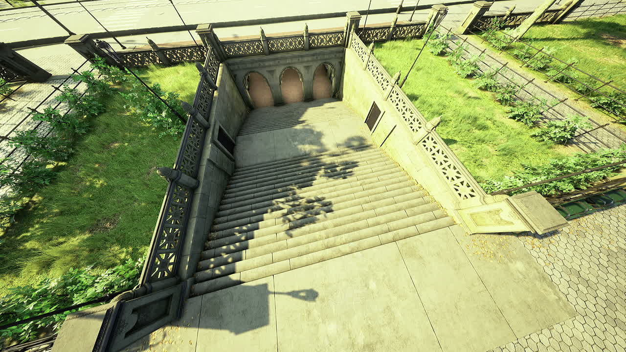 Steps leading to underground transit in a city park on a sunny day