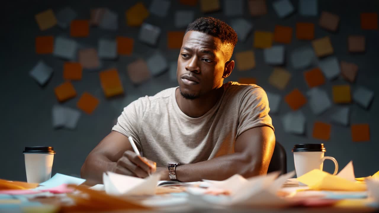 A focused individual immersed in creativity and brainstorming, surrounded by colorful notes and coffee cups, exploring ideas and thoughts in a personal workspace environment at dusk