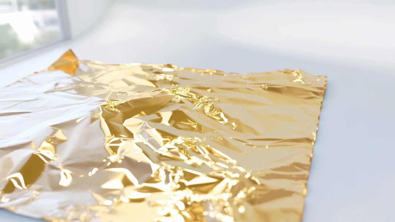 Crumpled metallic foil rests flat on smooth pale tabletop beside daylight from window, creating bright highlights, gentle shadows, glossy texture, modern minimal mood, and premium decorative look