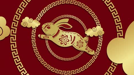 Animation-of-rabbit-and-shapes-over-circles-on-red-background