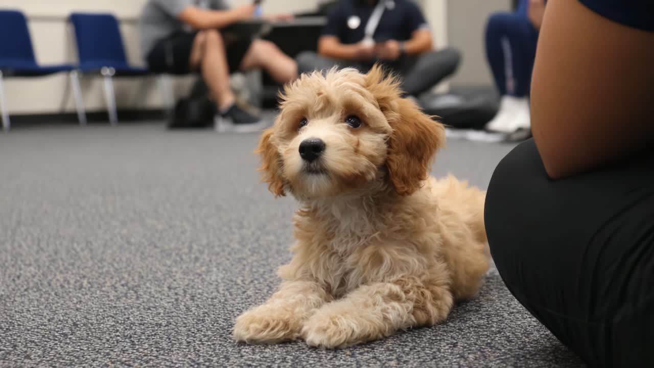 Adorable puppy captures attention in a classroom setting, highlighting the joy and companionship pets bring to people, with curious expressions and playful demeanor