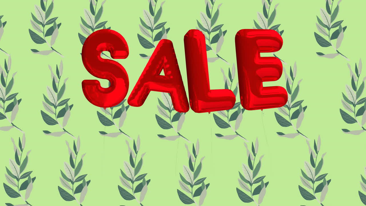 animación de texto de venta en letras de globo rojo sobre flores que se mueven en movimiento hipnótico