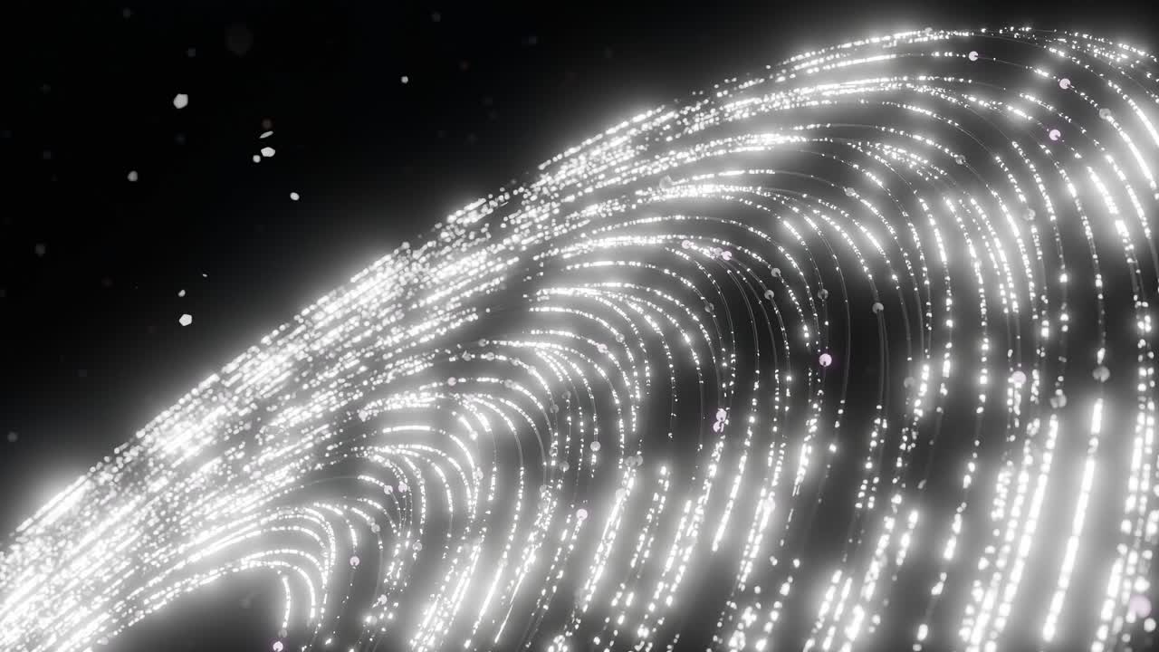 Abstract wave of glowing white particles and light trails on black background. Futuristic technology and data flow concept. Design for poster, wallpaper, banner, vertical