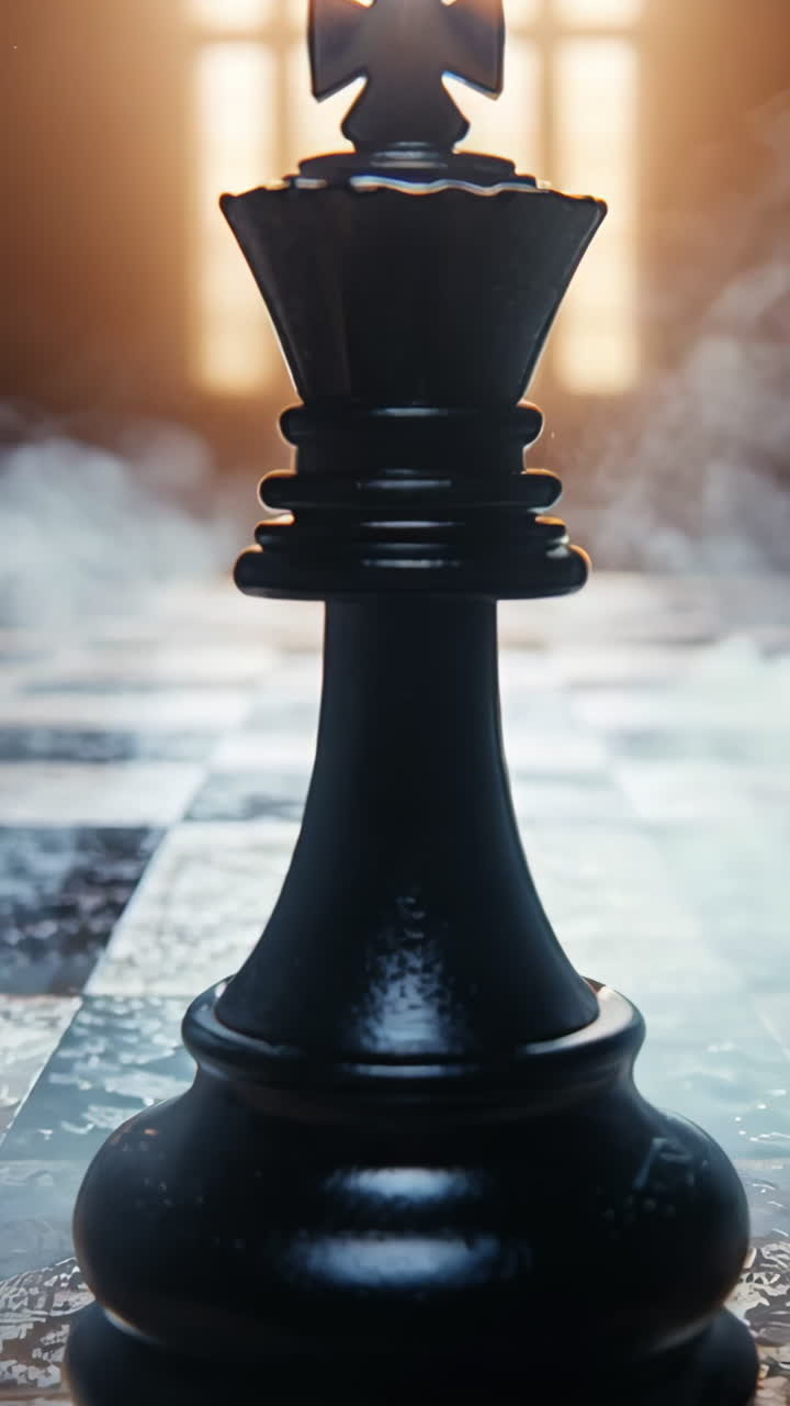 A black chess piece is on a chess board with smoke in the background. The smoke gives the image a mysterious and ominous mood