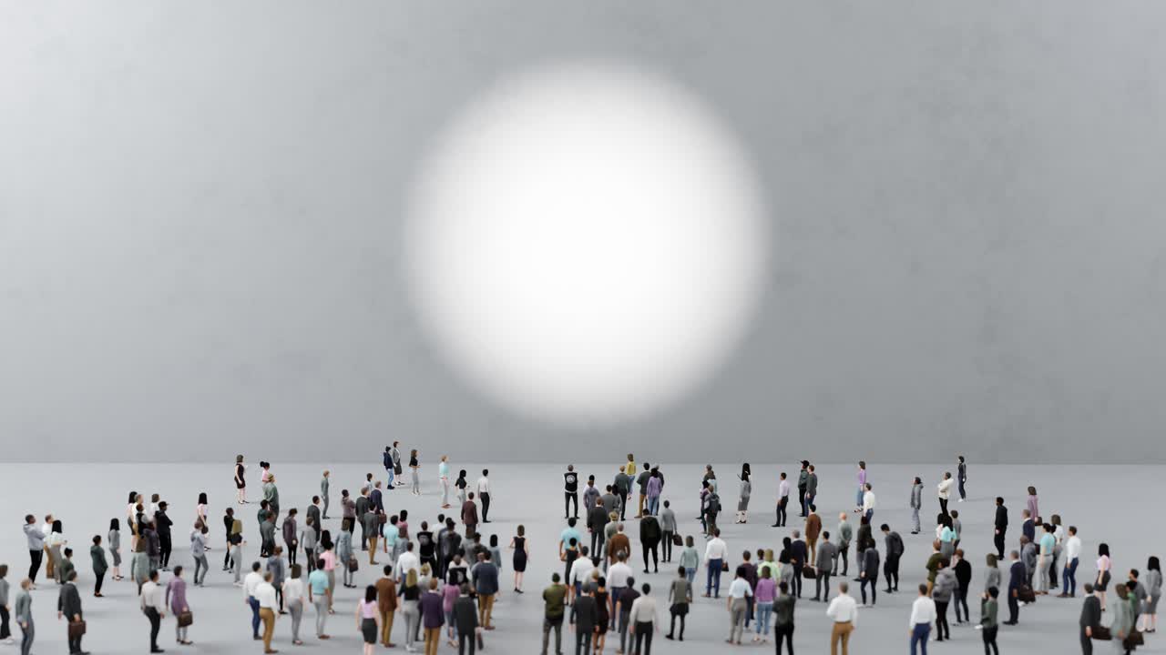 Gran multitud de personas diversas de pie sobre fondo gris con foco de luz