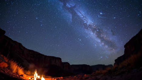 night sky over canyon with campfire