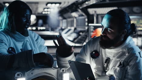researchers in starship discussing mission plan during mankind survival expedition