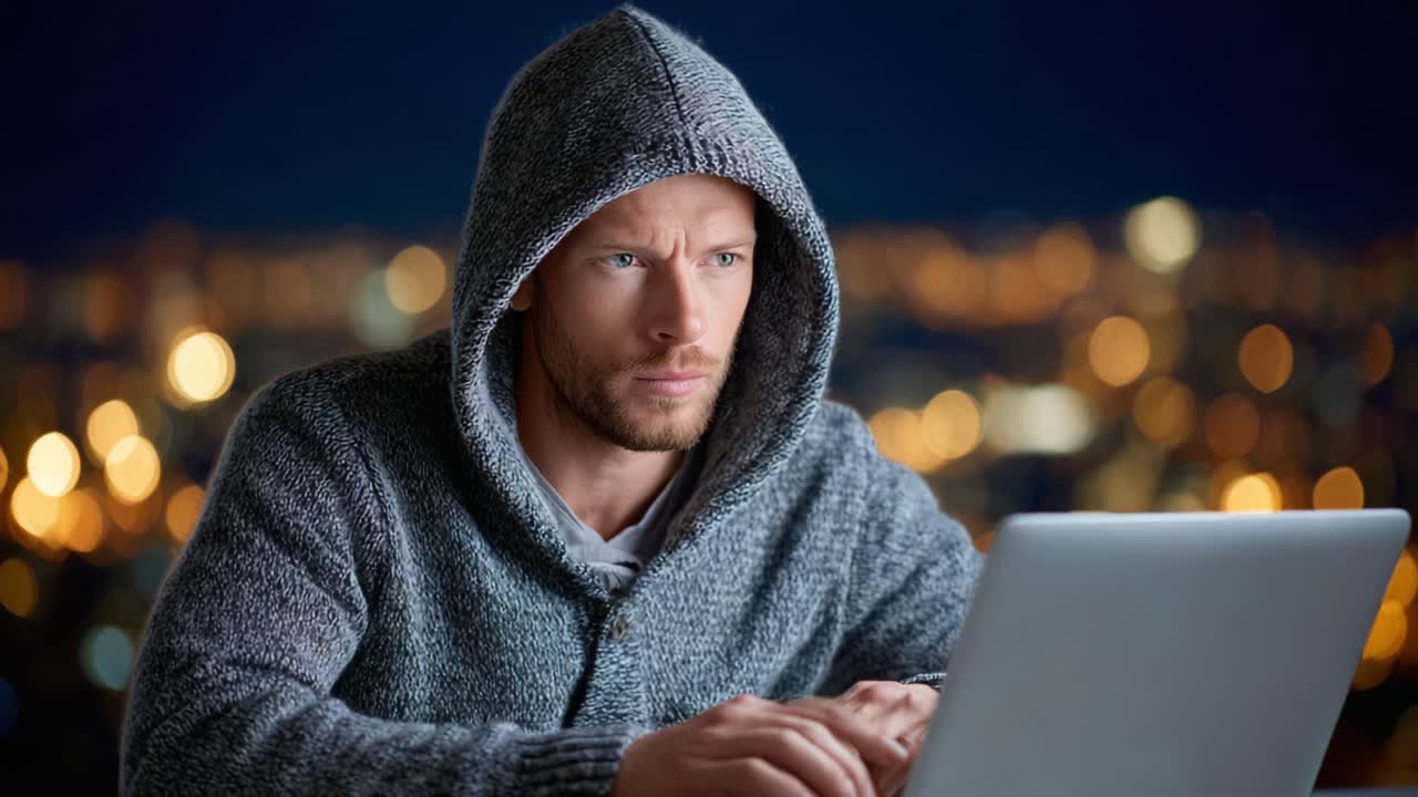 Focused Individual in Hooded Sweater Working Late Night on Laptop with City Lights in Background, Capturing the Essence of Nighttime Productivity and Concentration