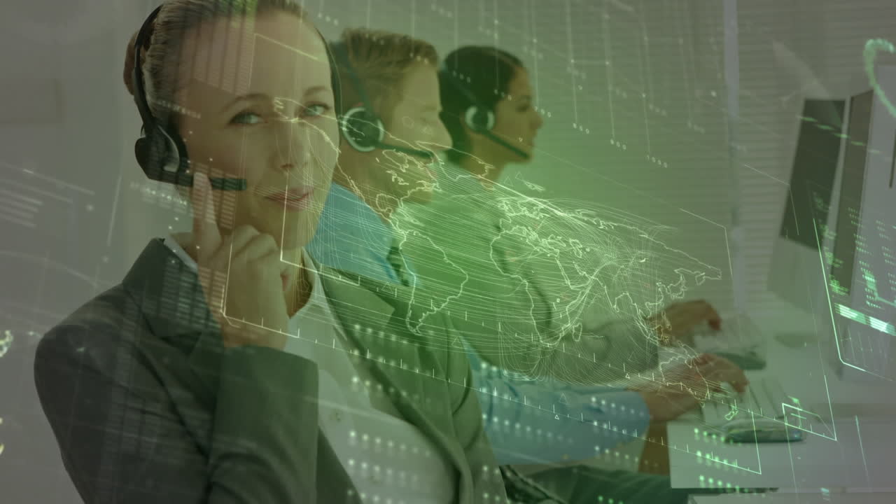 animación del procesamiento de datos financieros sobre personas de negocios que trabajan en la oficina