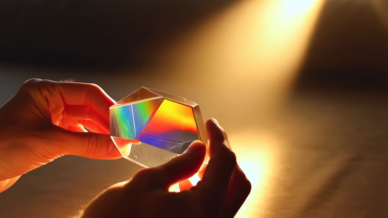 Hands holding a crystal prism refracting light