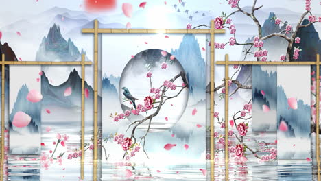 mysterious landscape china's traditional oriental digital art animation, chinese retro painting ink misty mountain with flowers, tree, birds, river in fog background