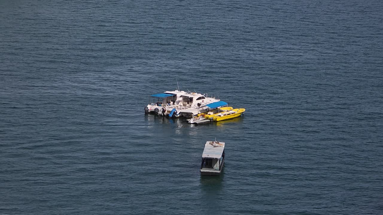 Anchored Luxury Private Yachts At Kota Kinabalu, Sabah, Borneo Islands In Malaysia. Aerial Shot