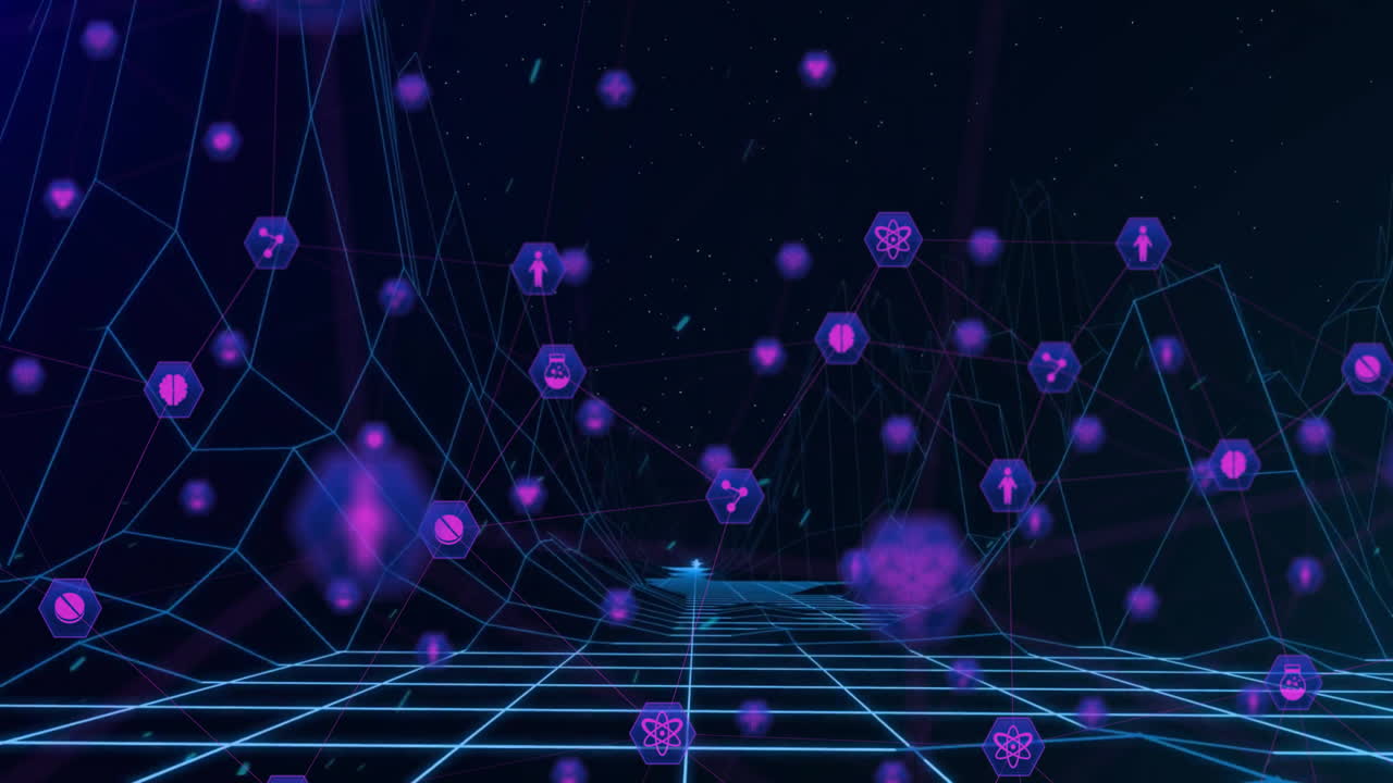 Animazione di una rete di connessioni con icone ed elaborazione dati.