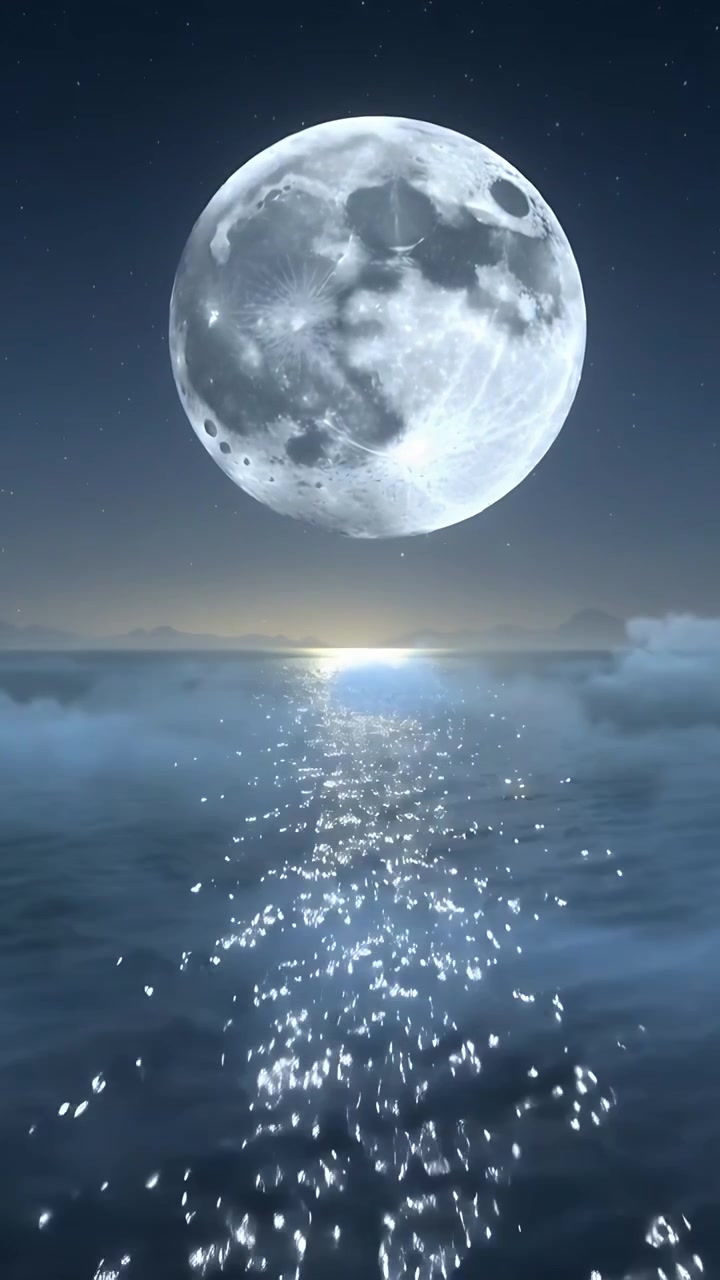 Vídeo vertical: Lua cheia brilhante reagindo a mudanças de luz, projetando um caminho luminoso no mar aberto, névoa.
