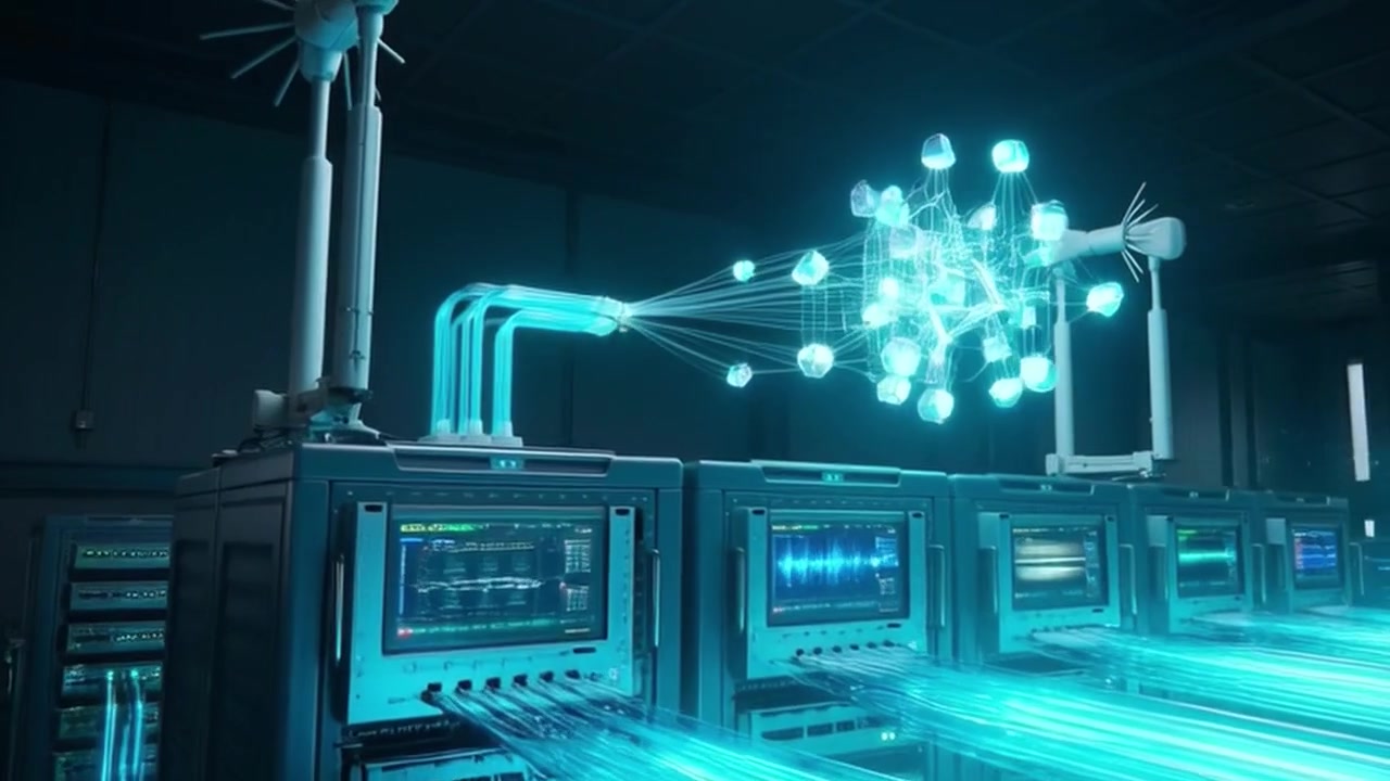 Futuristic Data Center with Glowing Digital Network Visualization