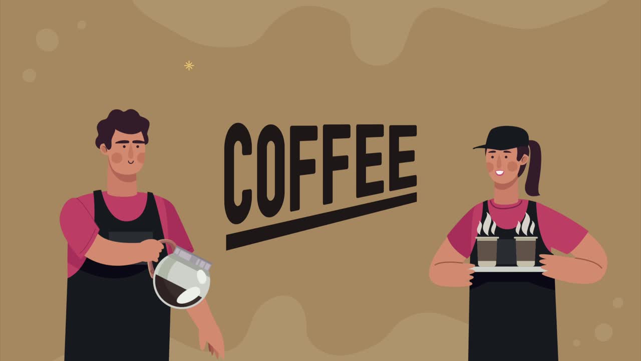 coffee shop workers characters and lettering