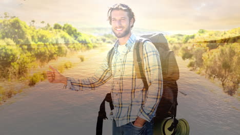 hitchhiking traveler with backpack over serene landscape and water animation