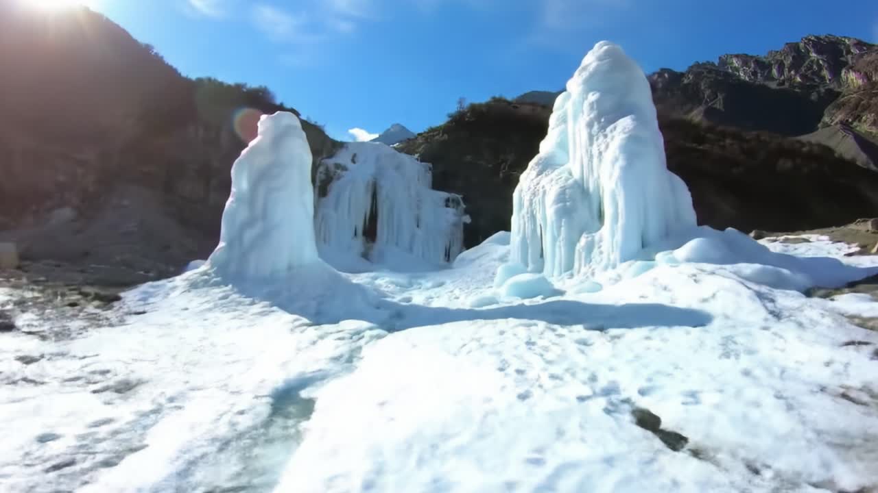 Explore breathtaking ice formations amidst a rugged mountain backdrop. The brilliant sunlight enhances the wintry beauty, showcasing nature's artistry in this serene wilderness setting.