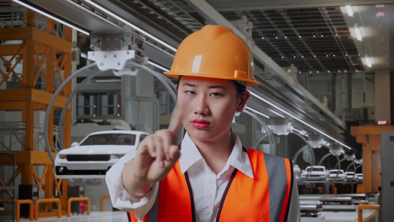 안전 헬을 입은 아시아 여성 엔지니어가 ev 자동차 공장에서 서 있는 동안 지표손가락 표시 없이 불쾌감을 표합니다.