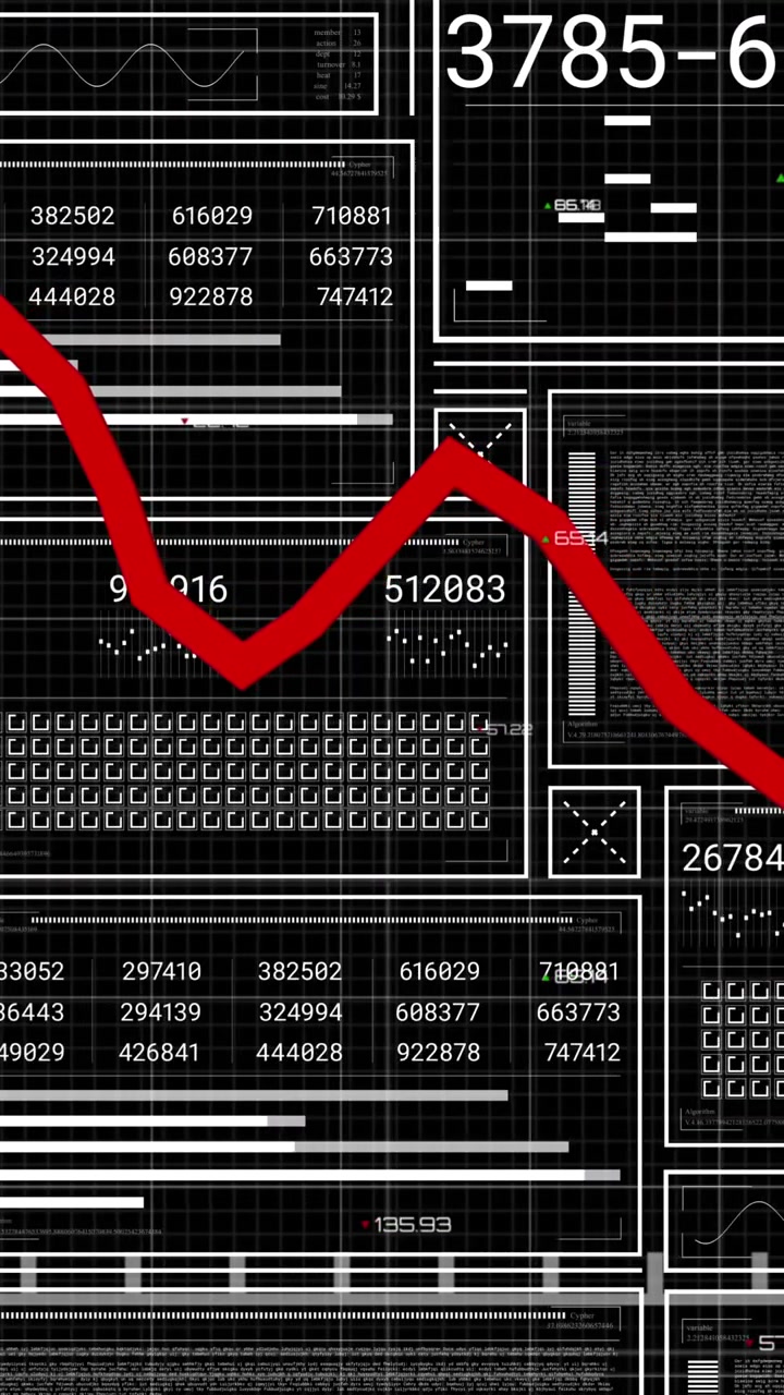 Animazione di grafico rosso su interfacce con elaborazione dati su sfondo nero