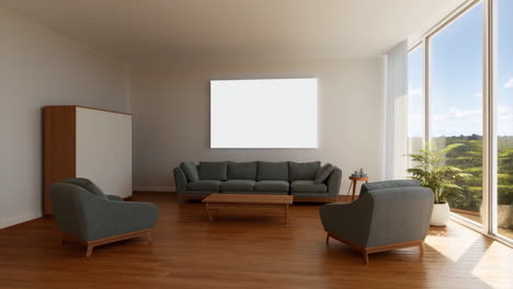 spacious modern living room interior with large window and blank canvas