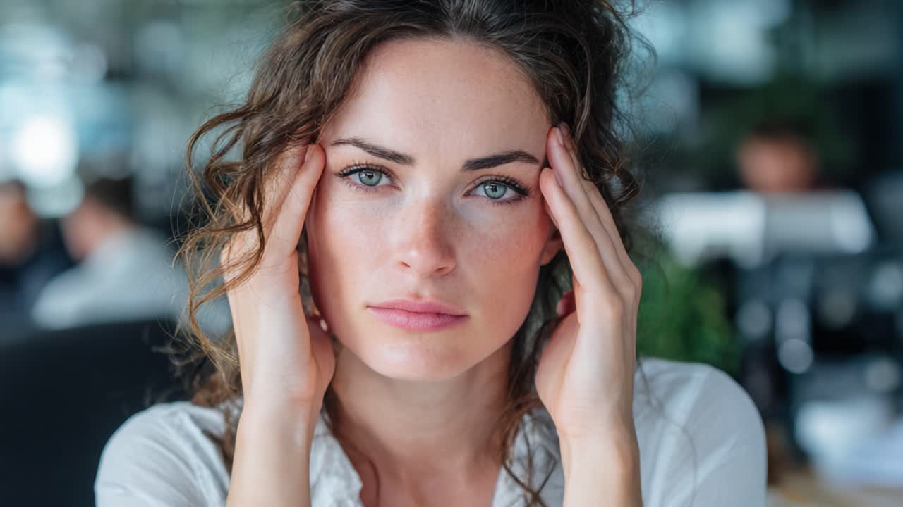 A Young Woman in an Office Setting Exhibiting Signs of Stress and Overwhelm, Reflecting an Inner Emotional Struggle While Surrounded by Colleagues Work Environment