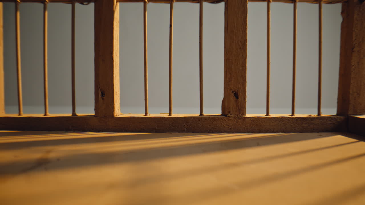 Closeup vintage wooden cage in warm light. Unrecognizable person closing door
