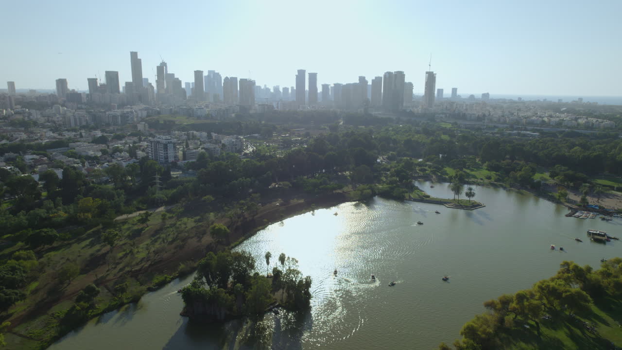 Flight over Tel Aviv's vast Yarkon Park includes extensive lawns, sports facilities, botanical gardens, a water park and a lake with pedal boats for visitors who arrive every day