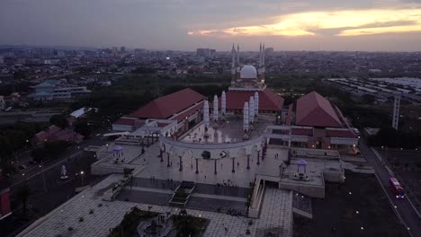 spectacular drone shot of grand mosque in central java during mystic sunset time in semarang town,indonesia