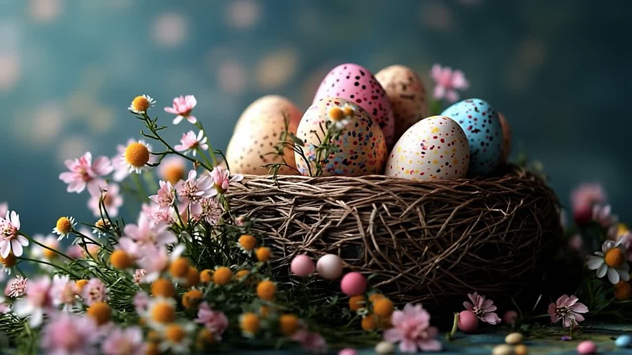 Colorful Easter eggs in a nest. A nest filled with vibrant easter eggs surrounded by blooming flowers, creating a festive spring atmosphere.