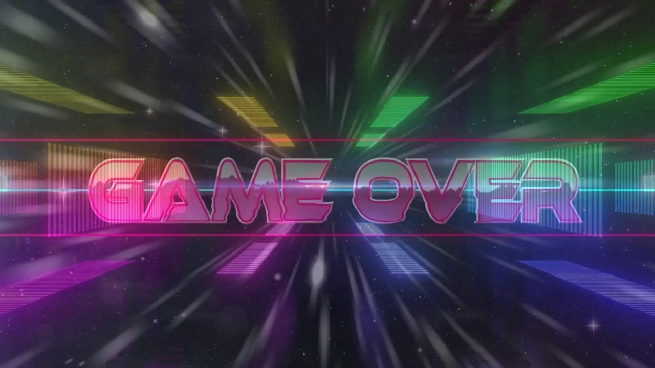 Scie di movimento che avviano il testo "GAME OVER" pulsante in un tunnel di gioco arcade, con barre dell'equalizzatore che si spostano.