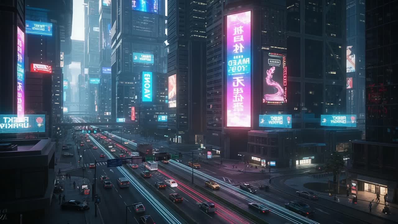 Dynamic Urban Cityscape at Night Featuring Bright Neon Lights and Busy Traffic Flowing Through a Modern Skyline in a Futuristic Setting