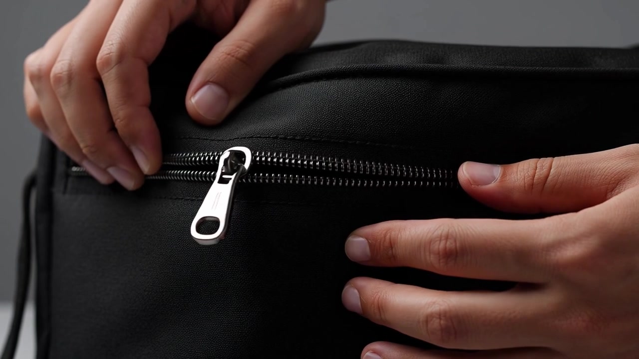 Persona che chiude la cerniera su una borsa di tessuto nera
